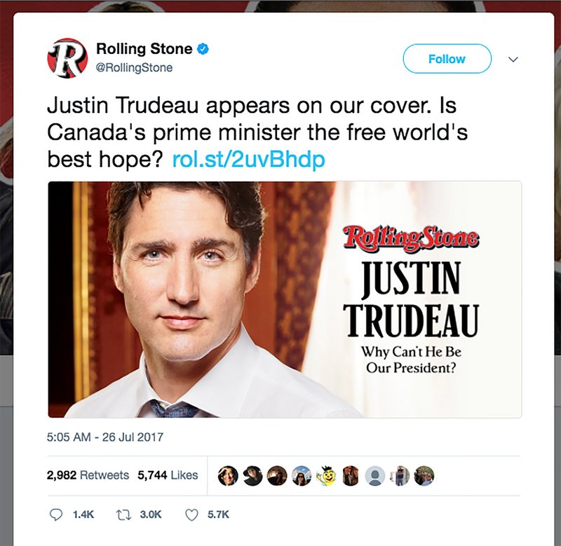加拿大總理杜魯道 登上滾石雜誌封面