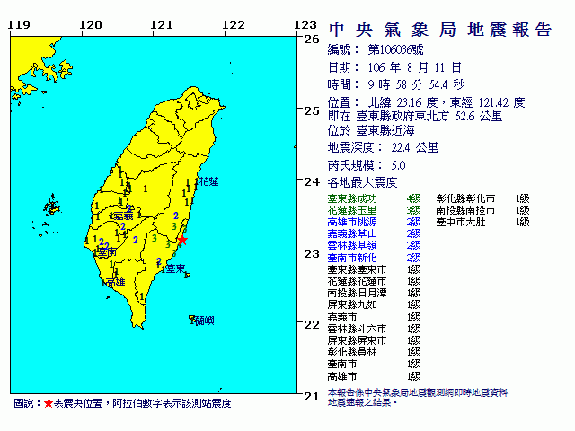 東部近海地震規模5.0 台東最大震度4級