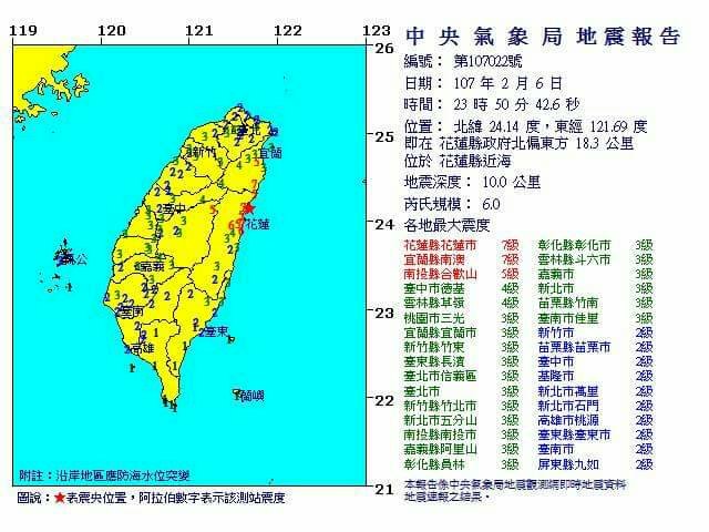 花蓮近海地震規模6 宜花最大震度7級