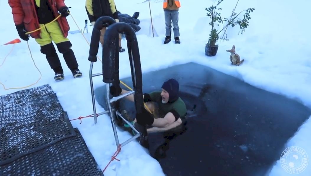 南極洲科學家慶冬至 零下22度勇跳冰池
