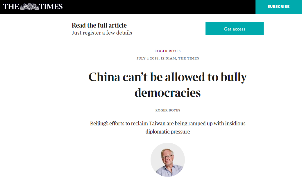 泰晤士報專文 籲勿放任中國霸凌民主國家