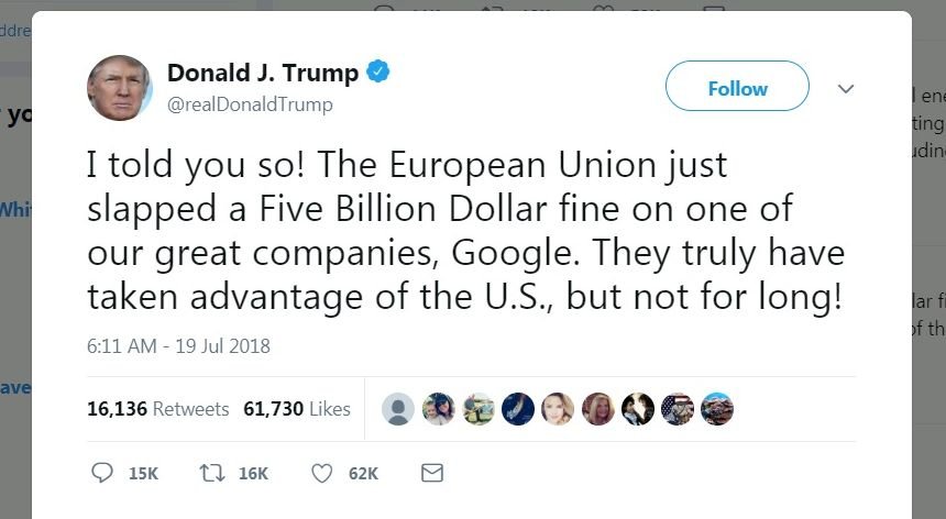 歐盟重罰谷歌 川普推文轟：我就說吧！