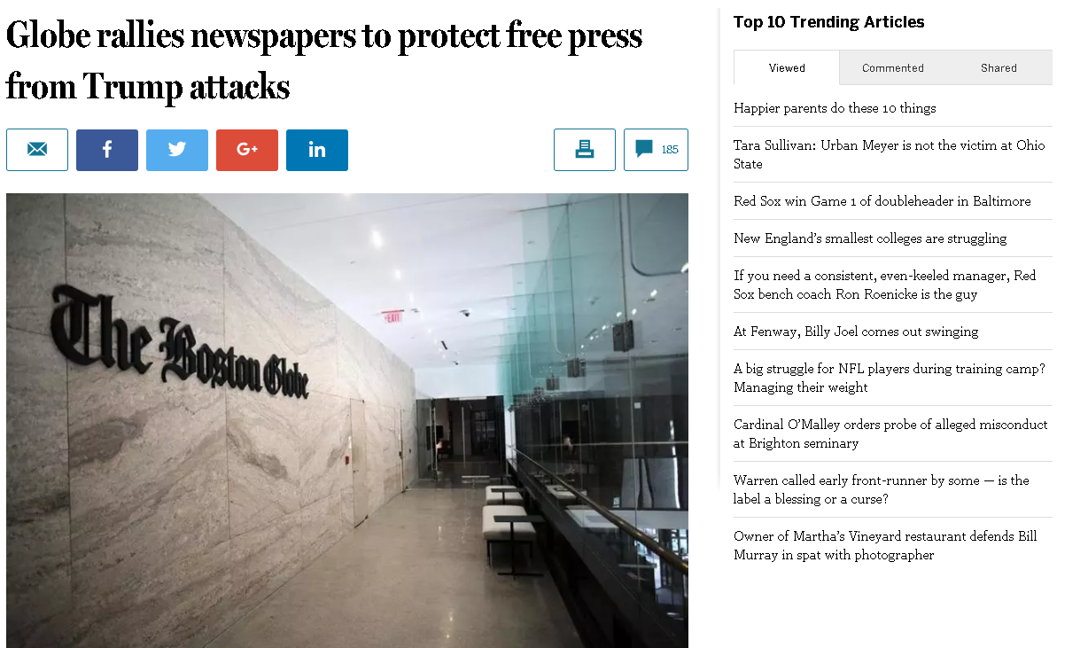 美媒反擊 至少70家報紙社論將齊轟川普