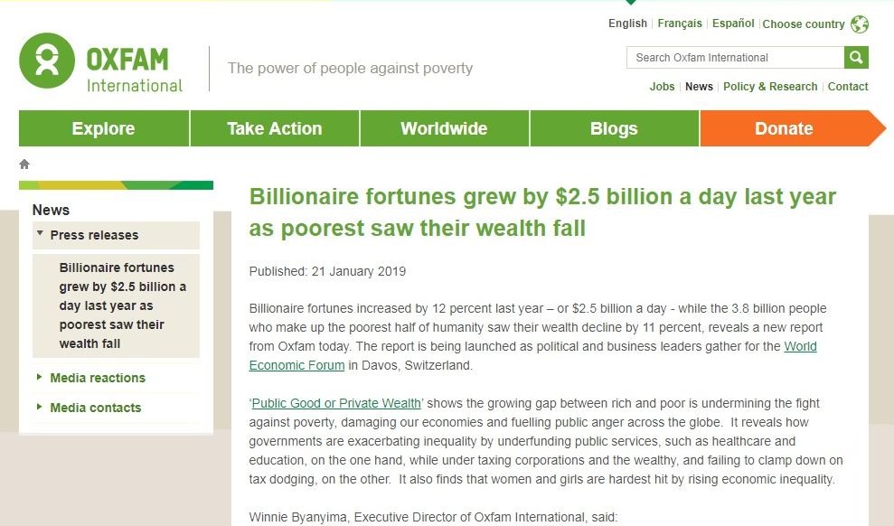 世界前26富豪財產 值全球半數窮人財產