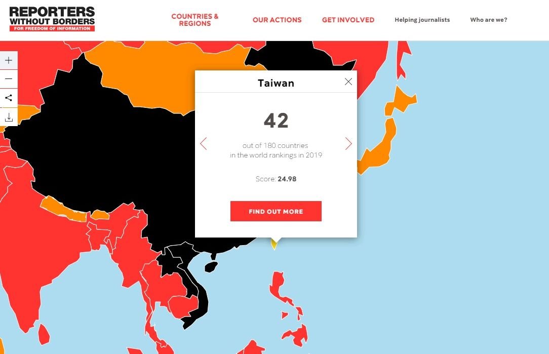 2019全球新聞自由 台灣亞洲第2 中國排名再退
