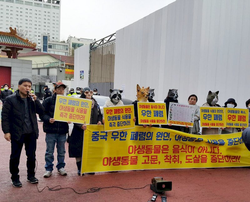 韓人中國使館前抗議 武漢肺炎為野生動物的復仇