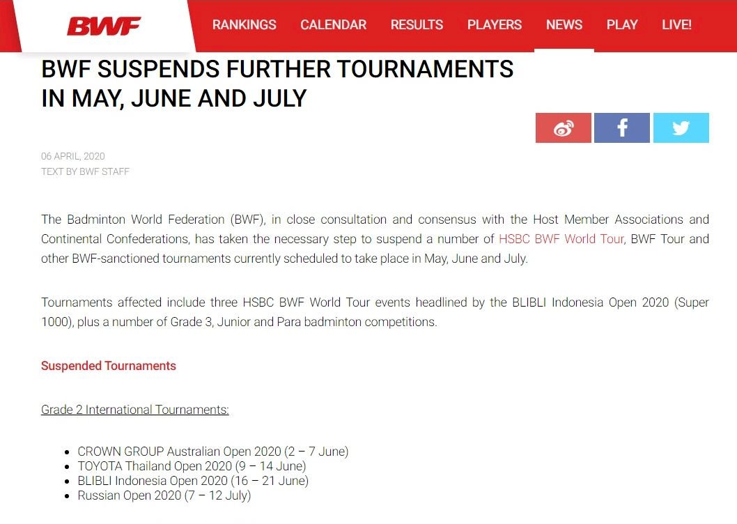 疫情發燒 6月印尼羽球公開賽宣布取消