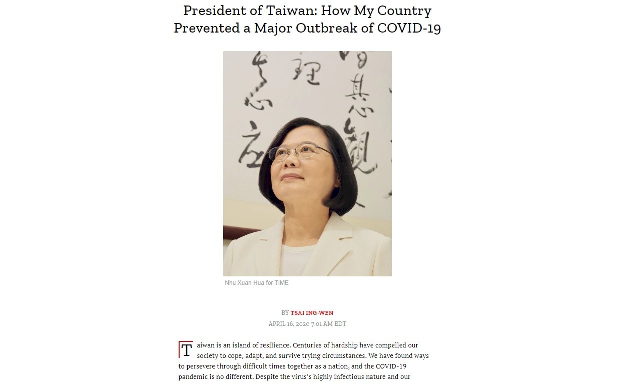 蔡總統於TIME雜誌撰寫專文 分享台灣防疫經驗