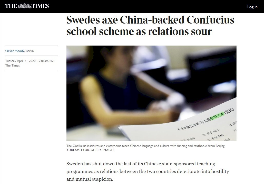 與中國關係惡化 瑞典關閉所有孔子學院和課堂