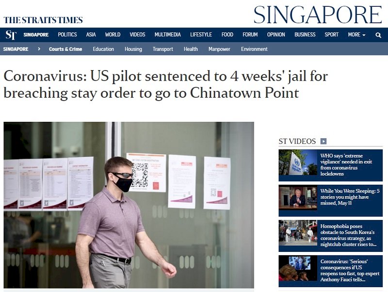違反新加坡居家令外出 美籍飛行員被判刑4週
