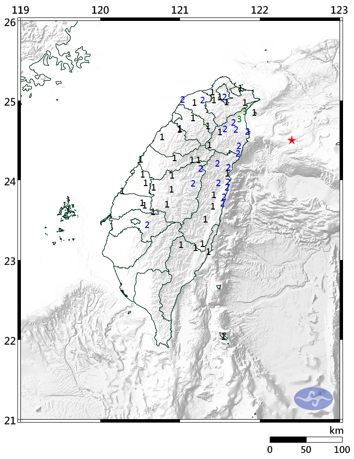 東部海域規模5.2地震  最大震度宜蘭3級