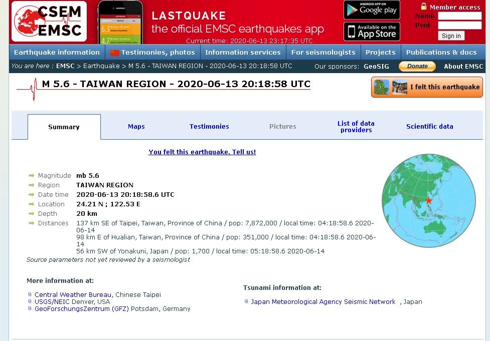 歐洲地中海地震中心下修台灣地震規模至5.6