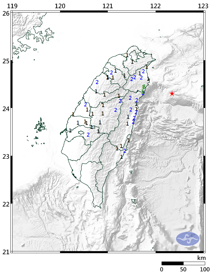 宜蘭縣規模5.2地震 最大震度3級