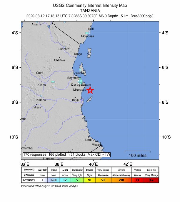 坦尚尼亞外海發生地震 規模5.9