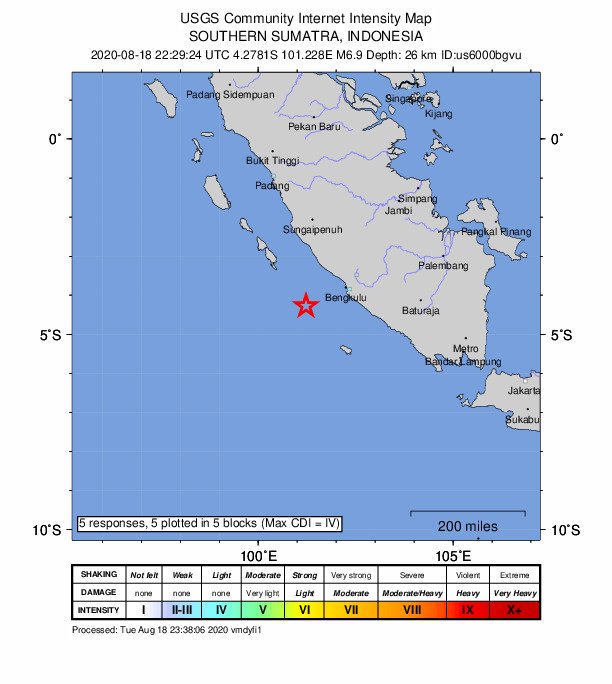 印尼蘇門答臘島南部連傳地震 規模6以上
