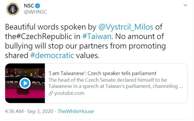 捷克議長訪台遭中國恫嚇 白宮國安會推文反霸凌
