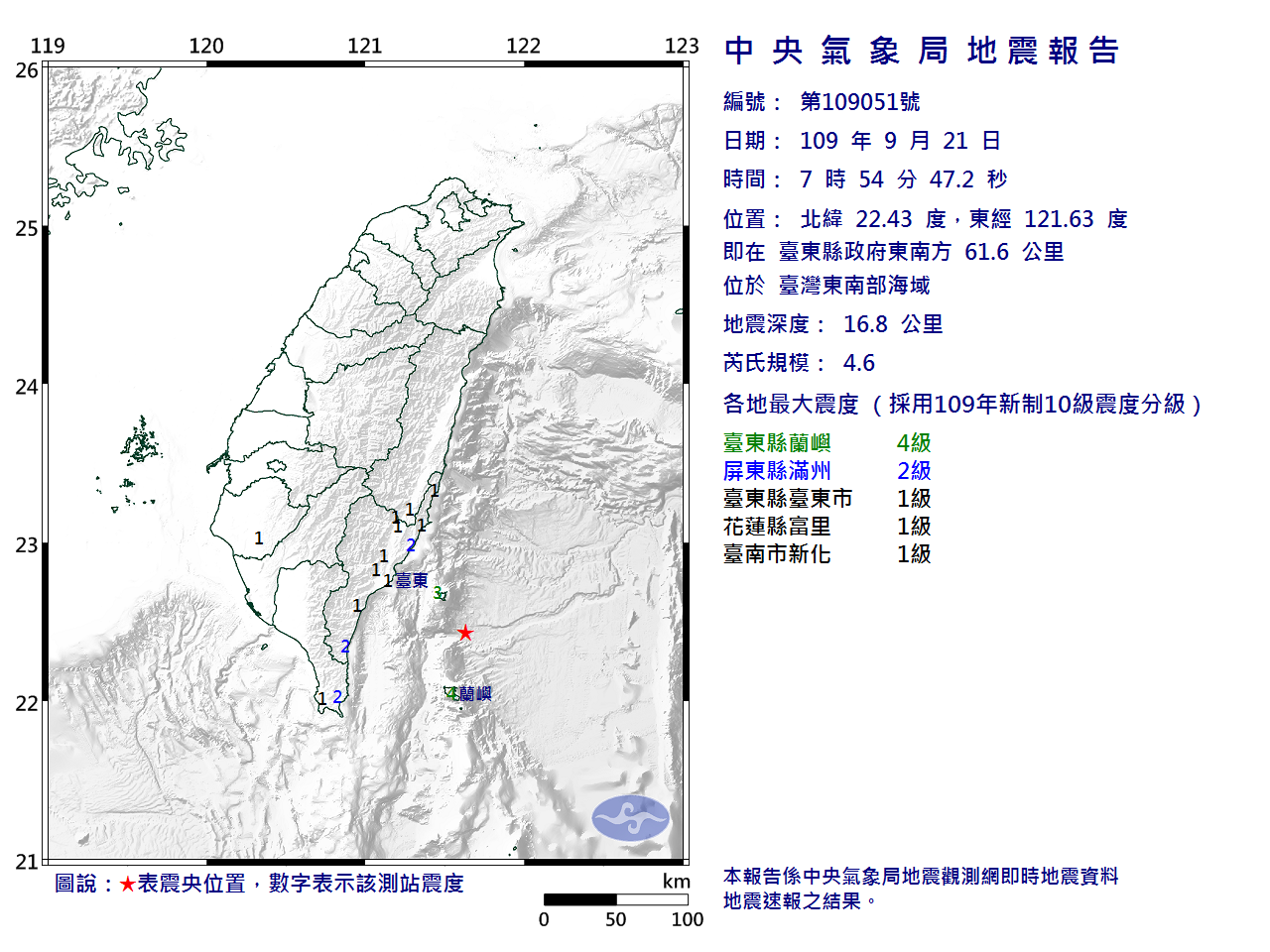 台東縣地震規模4.6　最大震度4級