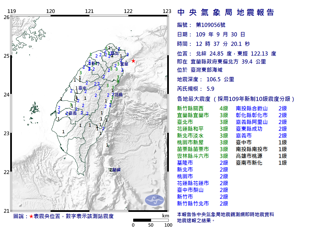 12:37台灣東部海域規模5.9地震 最大震度新竹4級