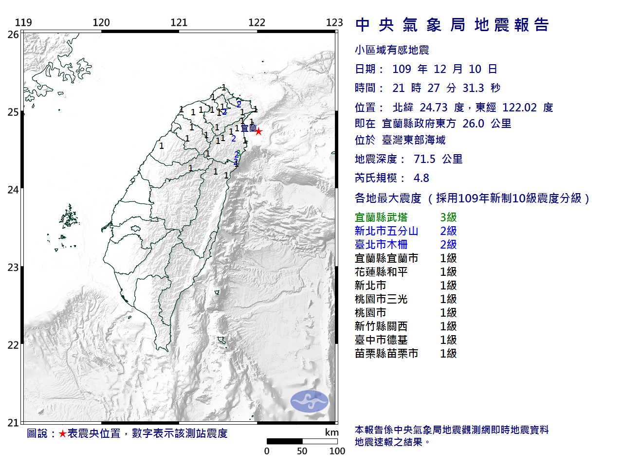 台灣東部海域再震 規模4.8