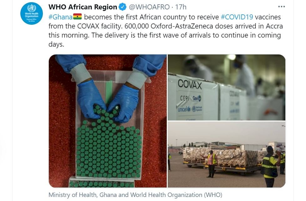 世衛COVAX配送首批疫苗 60萬劑抵西非迦納