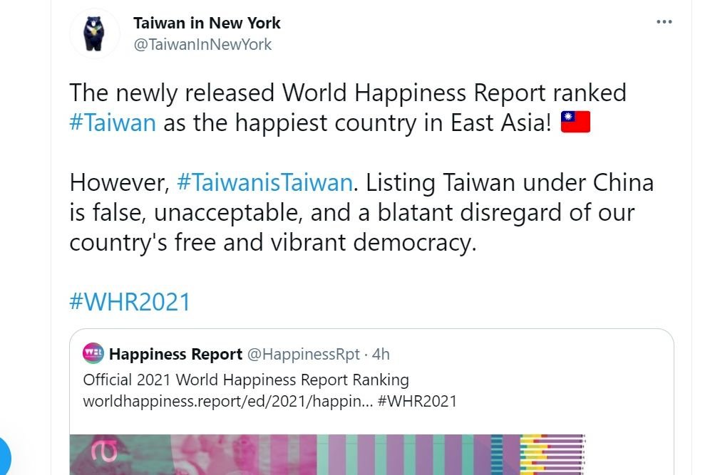 世界快樂報告視台灣為中國一省 紐約駐處抗議