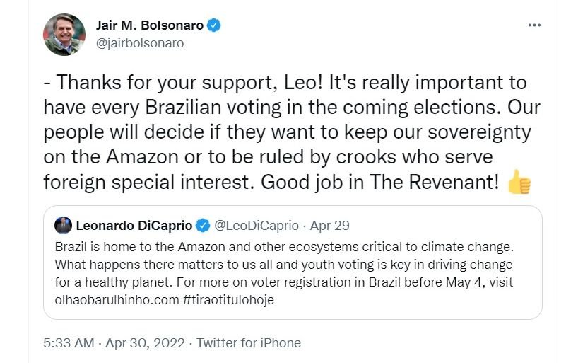 李奧納多狄卡皮歐籲巴西青年投票 右翼總統諷刺回應