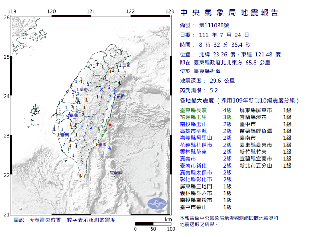 台東近海規模5.2地震 最大震度4級