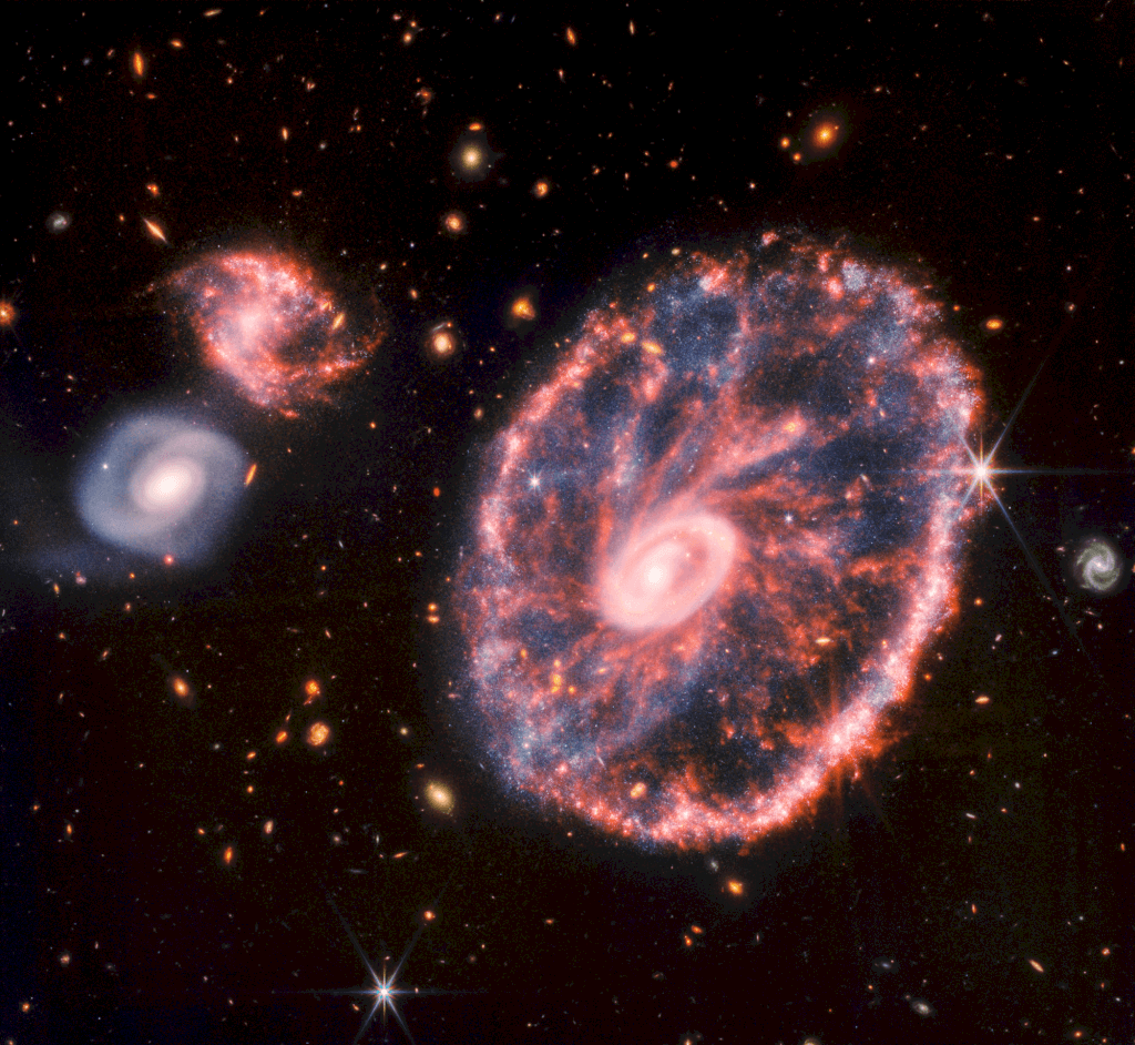 韋伯望遠鏡捕捉車輪星系碰撞如漣漪 繽紛外環旋轉奇觀