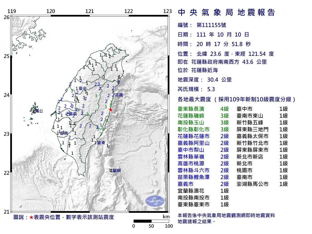 花蓮近海地震規模5.3  最大震度台東4級