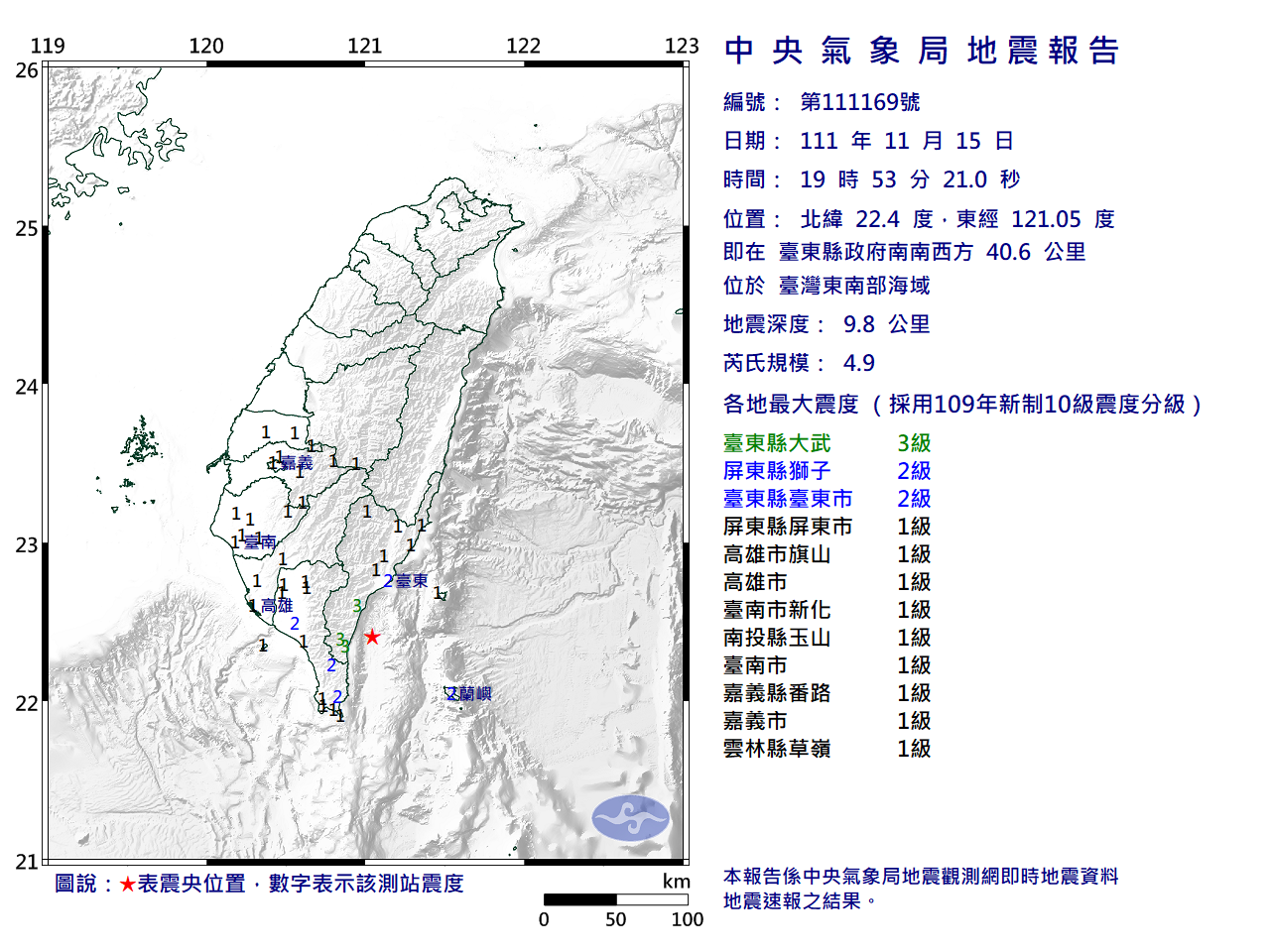 台東海域晚間連2震 規模4.4及4.9