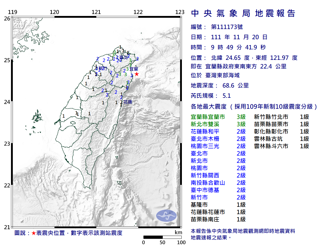 台灣東部海域9：49地震 規模5.1