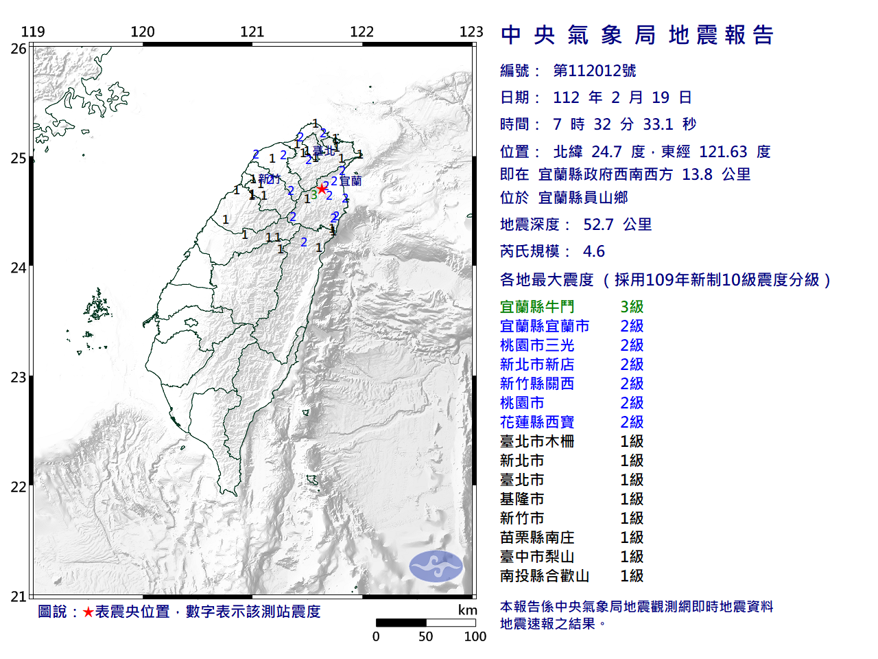 宜蘭地震規模4.6  最大震度3級北台灣有感