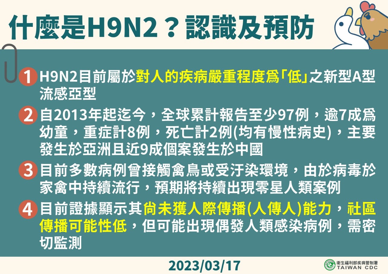 國內禽場首度檢出H9N2病毒 WHO指尚無人傳人能力