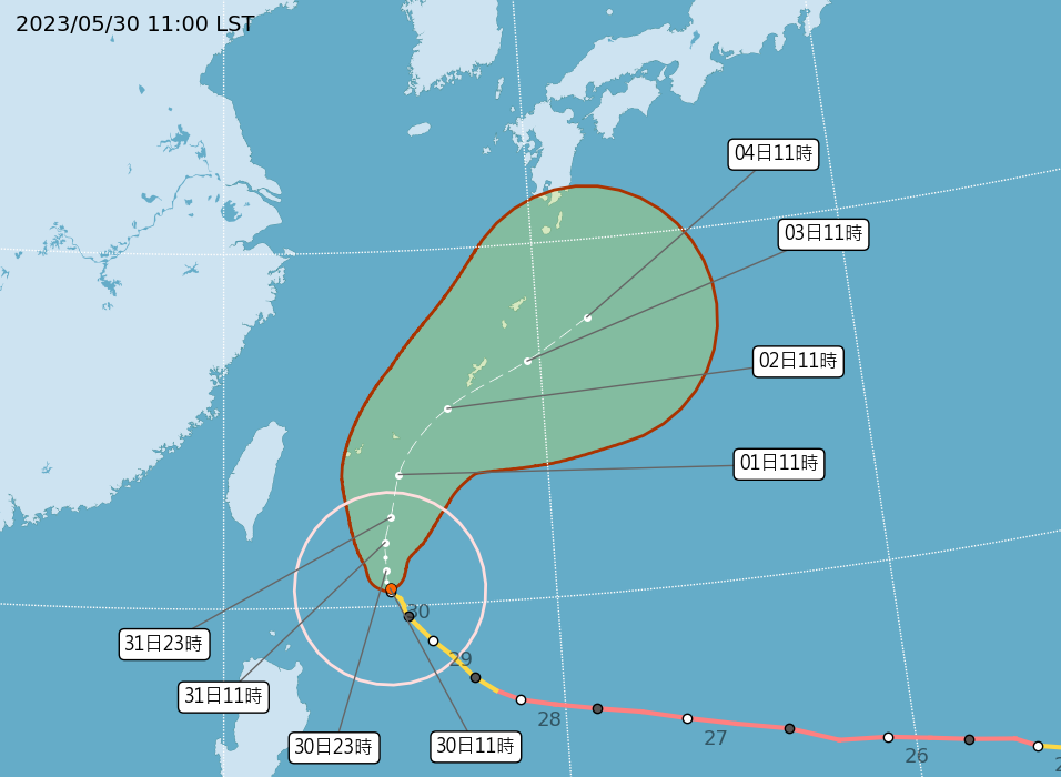 颱風上午11時的位置及路徑預測圖 (圖:中央氣象局)