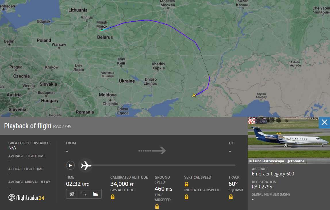 一架與瓦格納首腦有關噴射客機 由俄南飛往白俄
