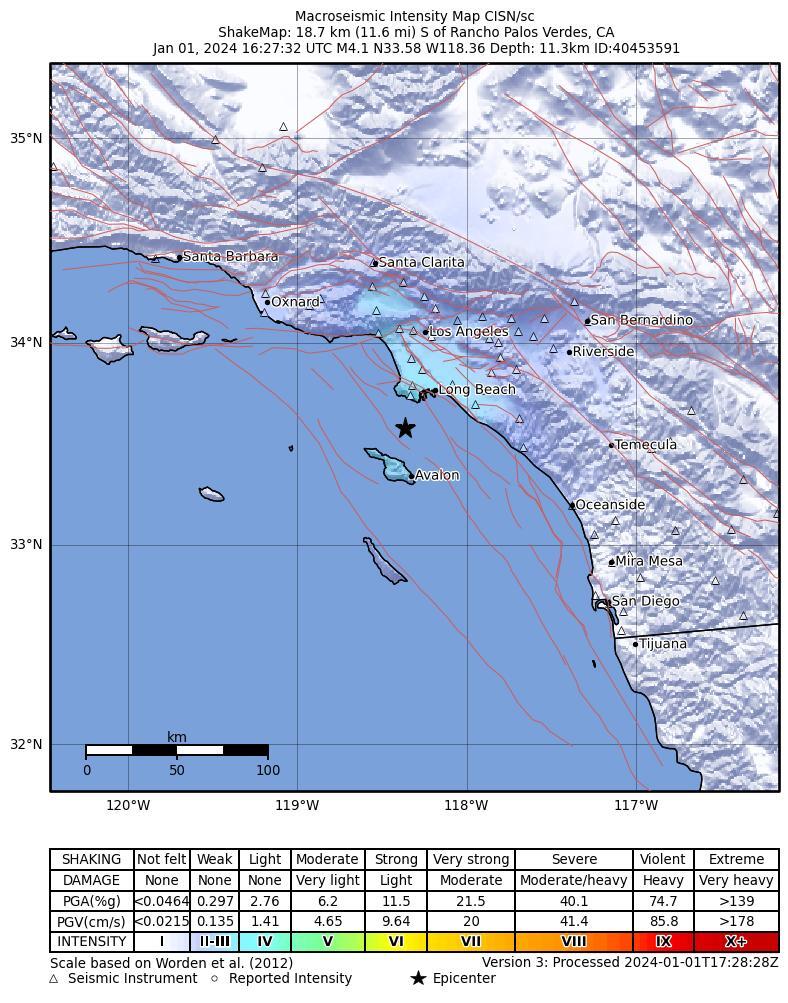 洛杉磯近海發生規模4.1地震 尚未傳出傷亡災損