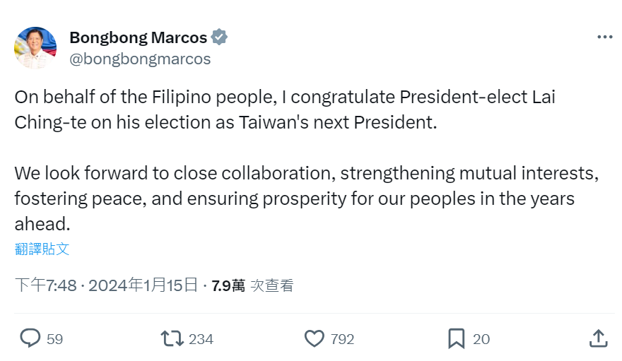 菲台近年交往罕見 小馬可仕賀賴清德當選台灣總統