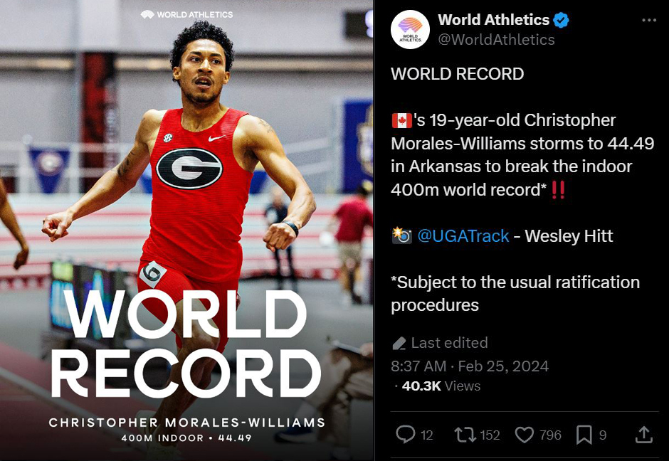 加拿大威廉斯跑出44.49秒 刷新400米室內世界紀錄