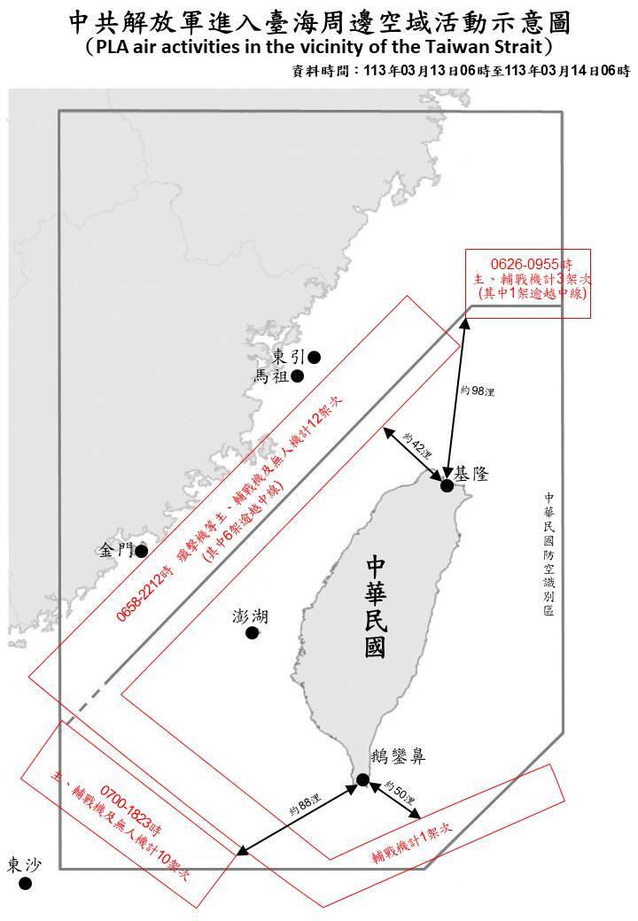18架次共機越海峽中線侵擾台灣周邊空域