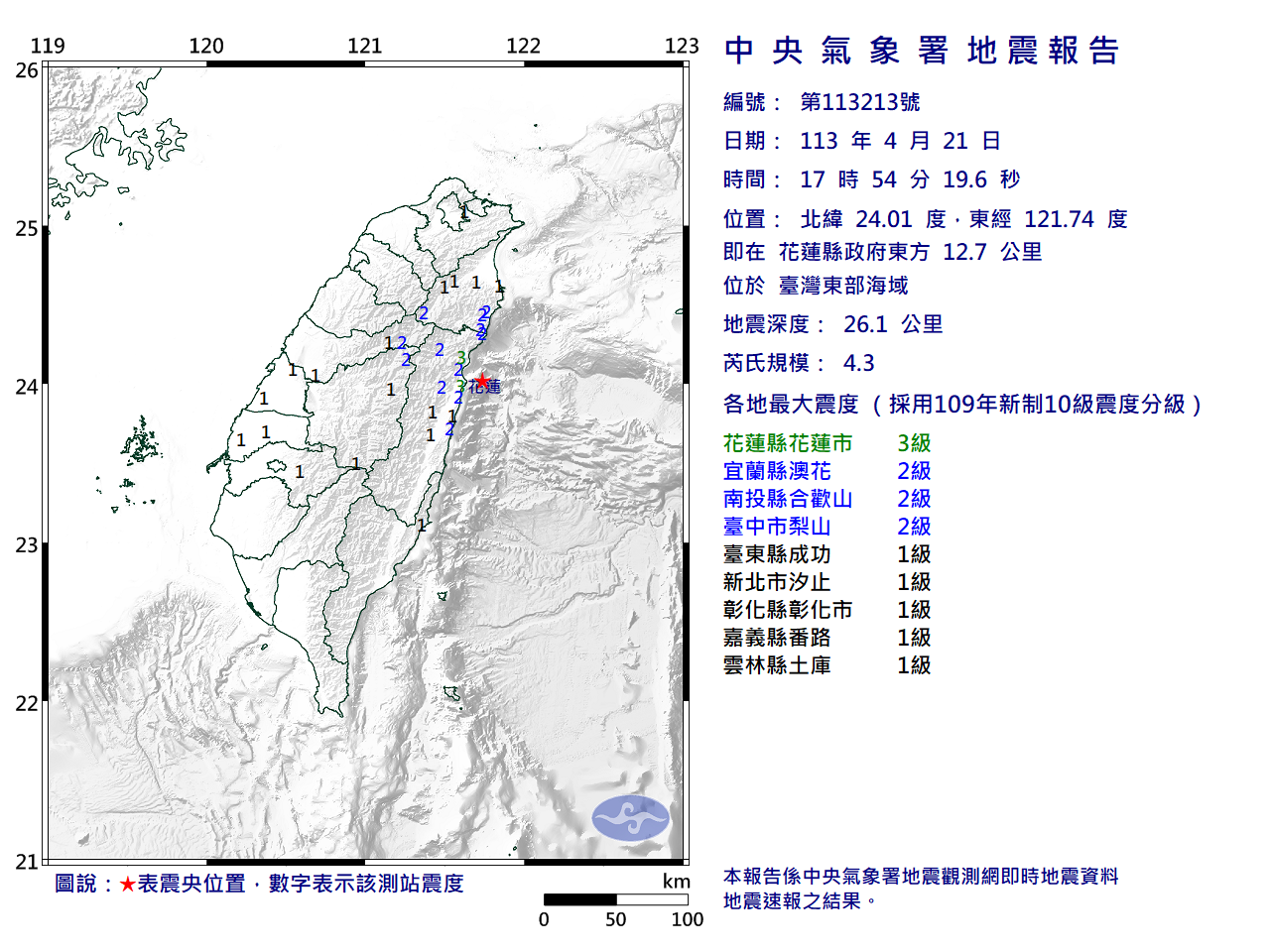 東部海域地震規模4.3  最大震度花蓮3級