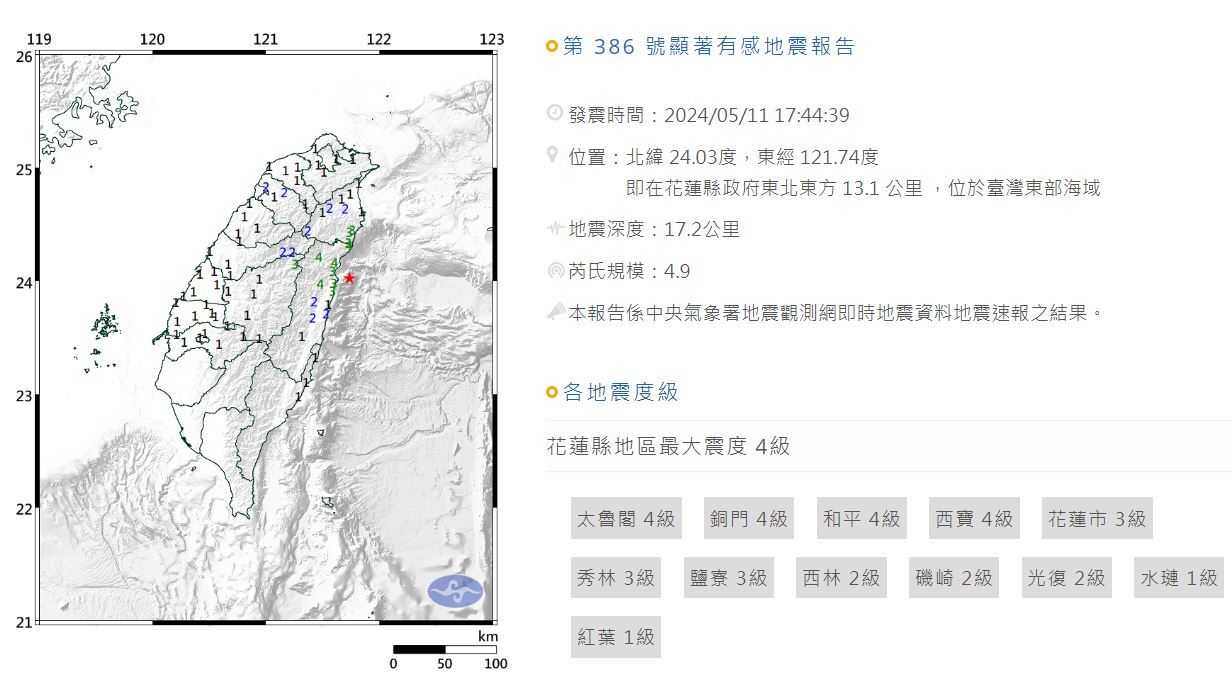台灣東部海域規模4.9地震 最大震度花蓮縣4級