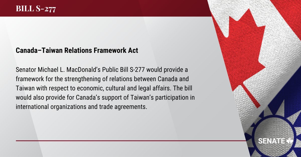 加拿大參議員麥唐納 提加台關係架構法二讀動議
