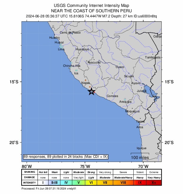 秘魯發生規模7.2強震 已解除海嘯警報